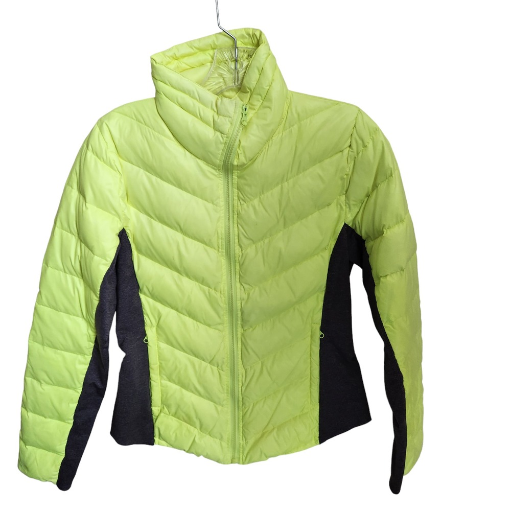 Alo Yoga Down Feather‎ Puffer Jacket Women's Small Neon Yellow Gray Slim Fit